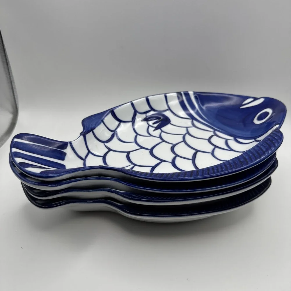 Vintage 90s Dansk Arabesque Fish Bowl Serving Platter Plate Blue & White Set 4